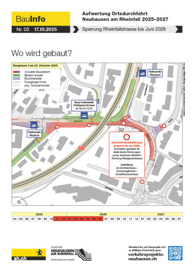 BauInfo Aufwertung Ortsdurchfahrt Neuhausen am Rheinfall 2025–2027 - Sperrung obere Rheinfallstrasse bis Juni 2026 – Umleitung via Scheideggkreisel